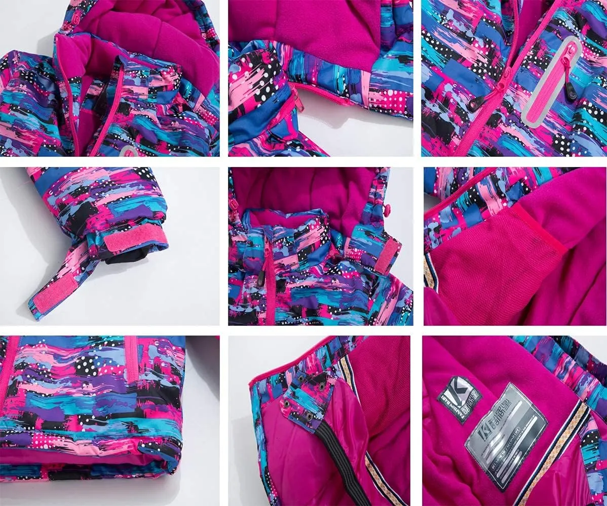 WOWULOVELY Girls Thicken Warm Snowsuit Hooded Ski Jacket Pants 2 Pcs Set Skiing Jacket with Pants