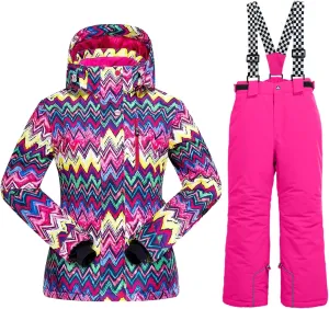 WOWULOVELY Girls Thicken Warm Snowsuit Hooded Ski Jacket Pants 2 Pcs Set Skiing Jacket with Pants