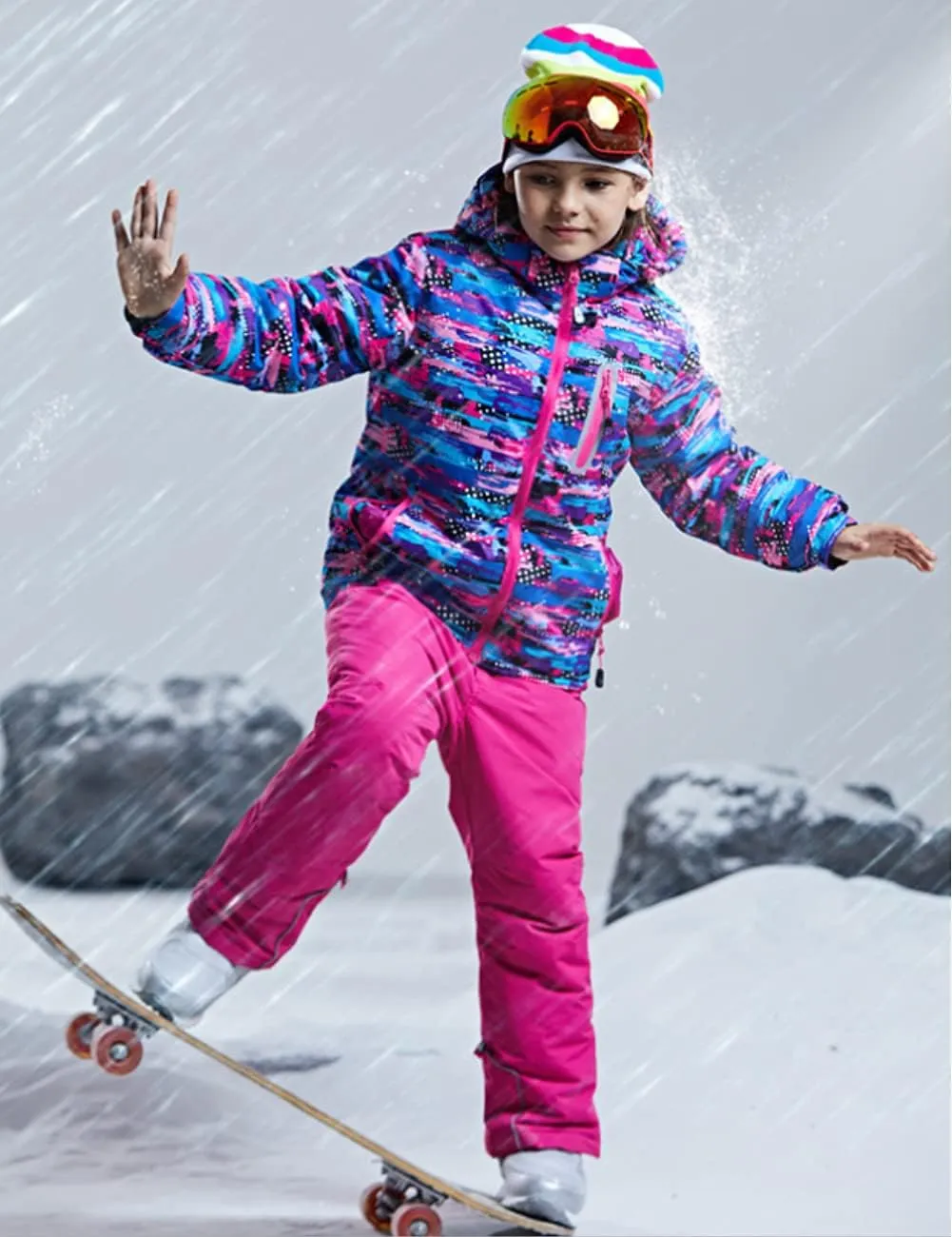 WOWULOVELY Girls Thicken Warm Snowsuit Hooded Ski Jacket Pants 2 Pcs Set Skiing Jacket with Pants