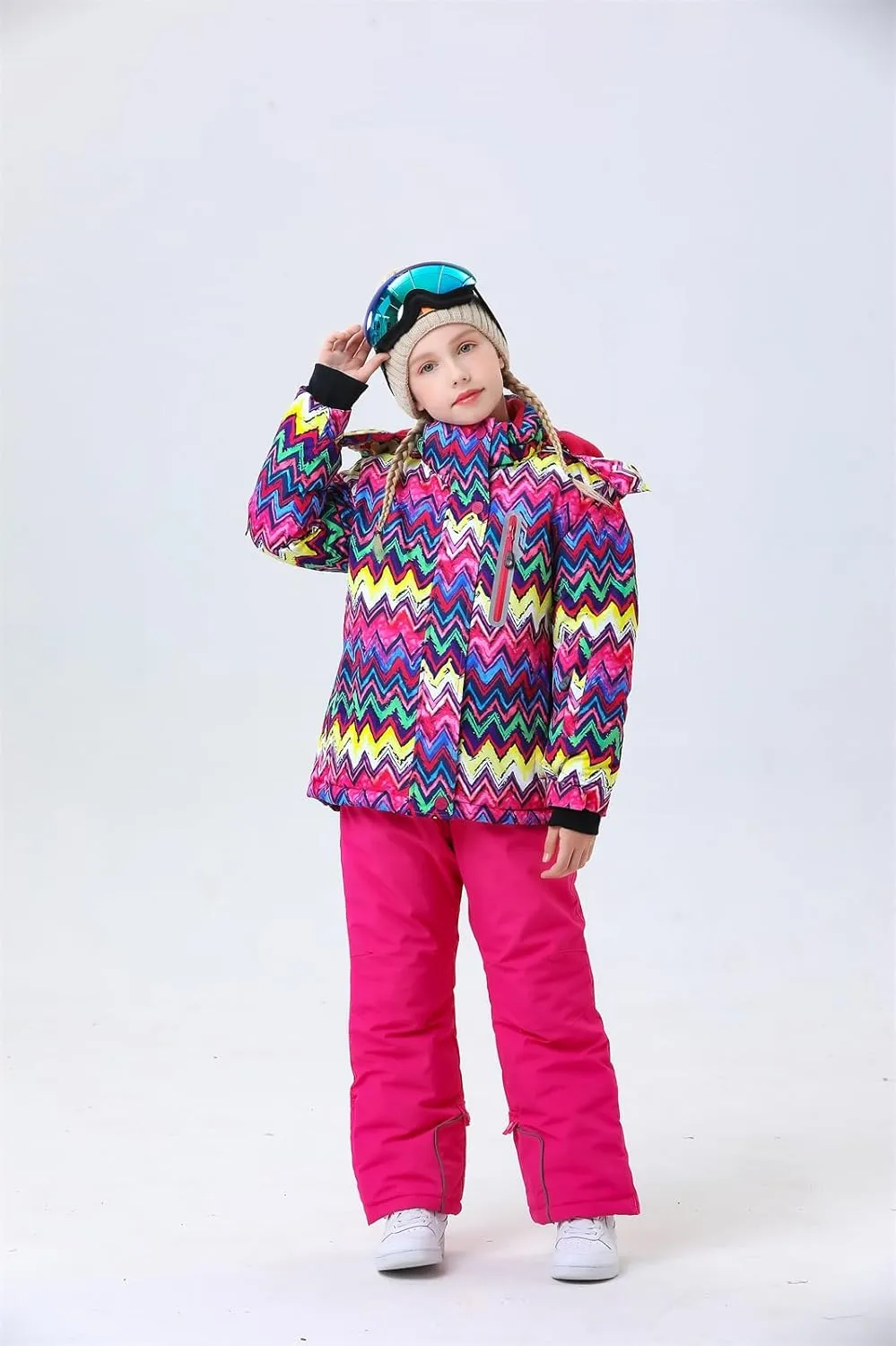 WOWULOVELY Girls Thicken Warm Snowsuit Hooded Ski Jacket Pants 2 Pcs Set Skiing Jacket with Pants