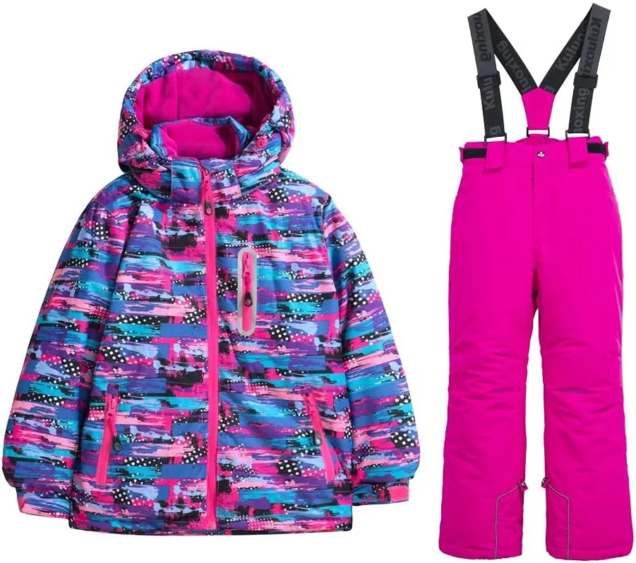 WOWULOVELY Girls Thicken Warm Snowsuit Hooded Ski Jacket Pants 2 Pcs Set Skiing Jacket with Pants