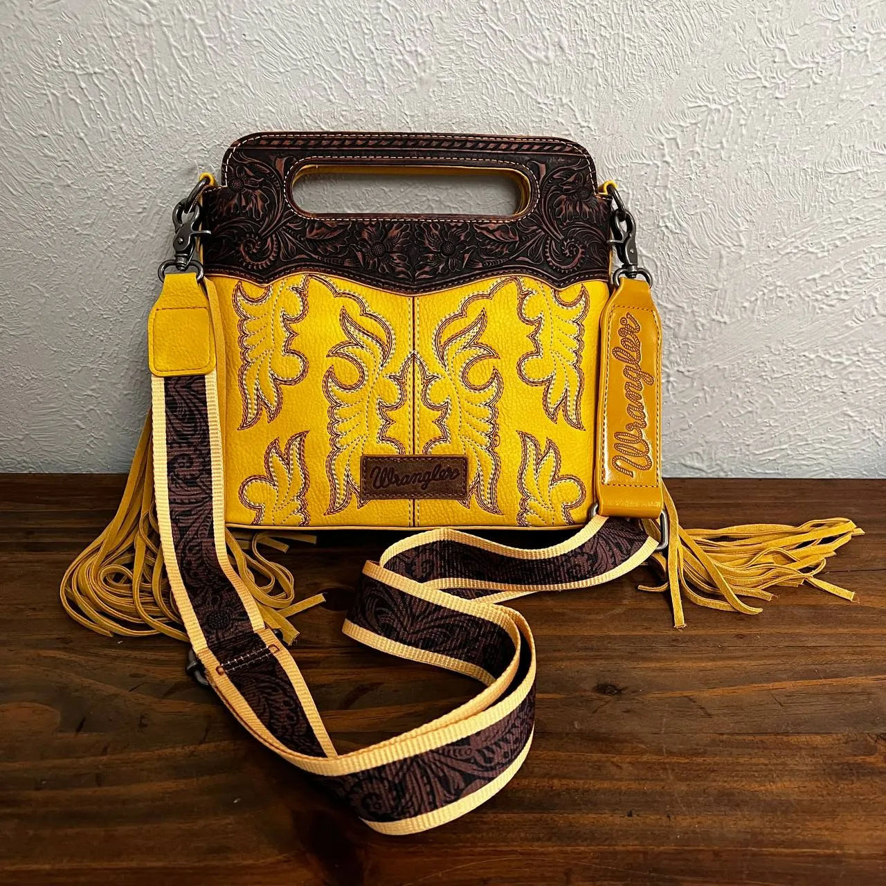 Wrangler Fringe Embossed Crossbody Handbag with Adjustable Strap