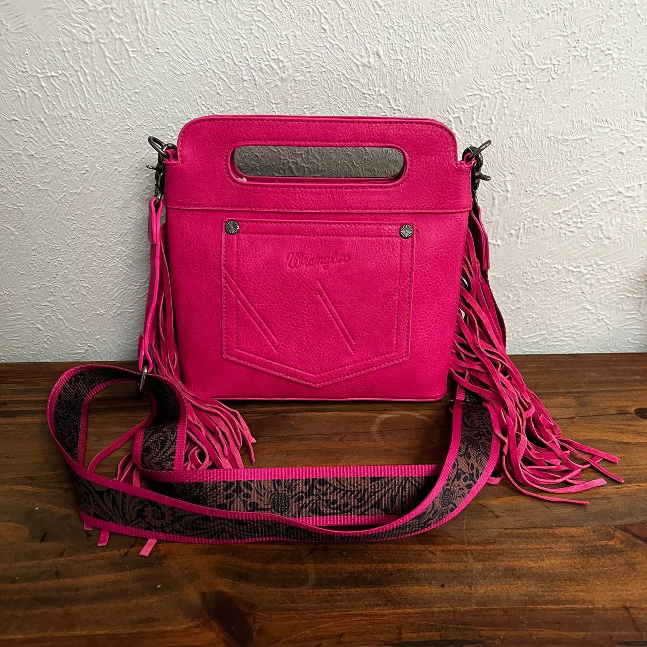 Wrangler Fringe Embossed Crossbody Handbag with Adjustable Strap