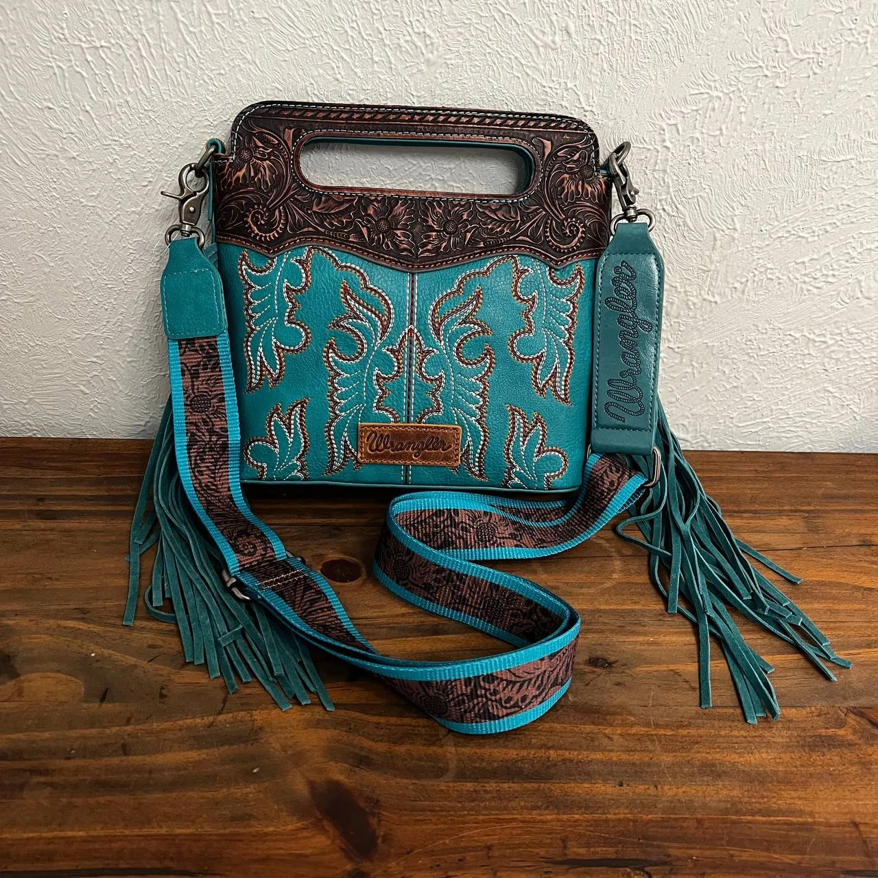 Wrangler Fringe Embossed Crossbody Handbag with Adjustable Strap