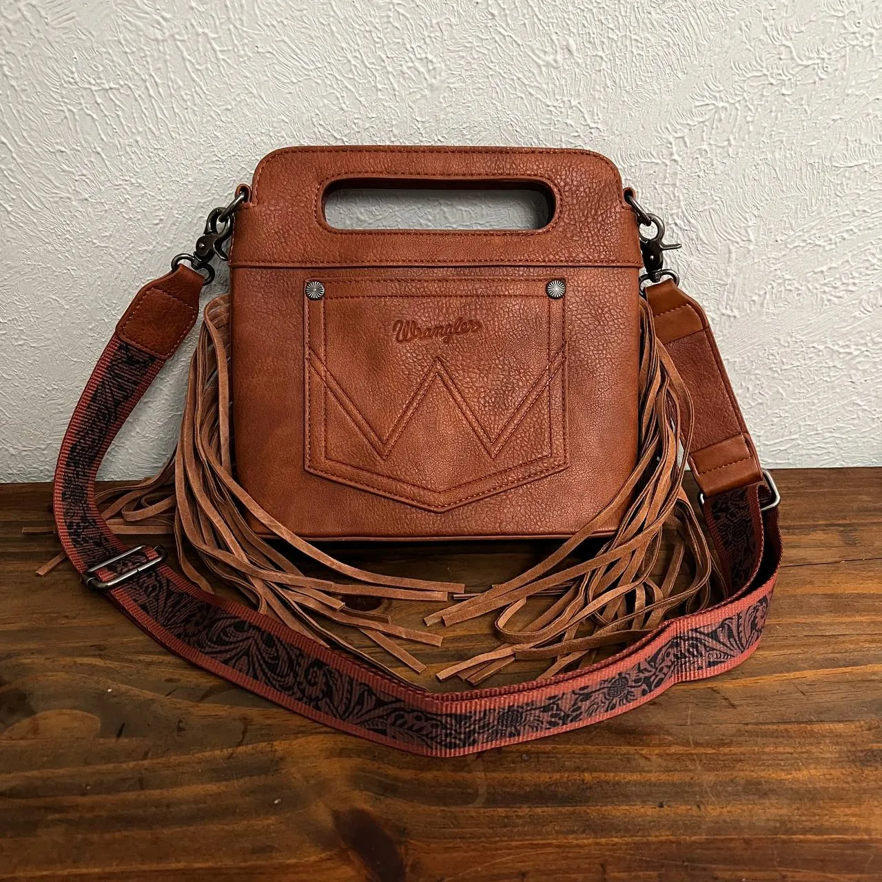 Wrangler Fringe Embossed Crossbody Handbag with Adjustable Strap