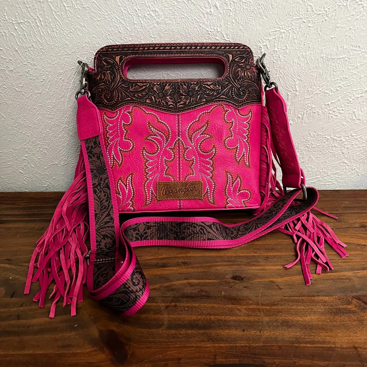 Wrangler Fringe Embossed Crossbody Handbag with Adjustable Strap