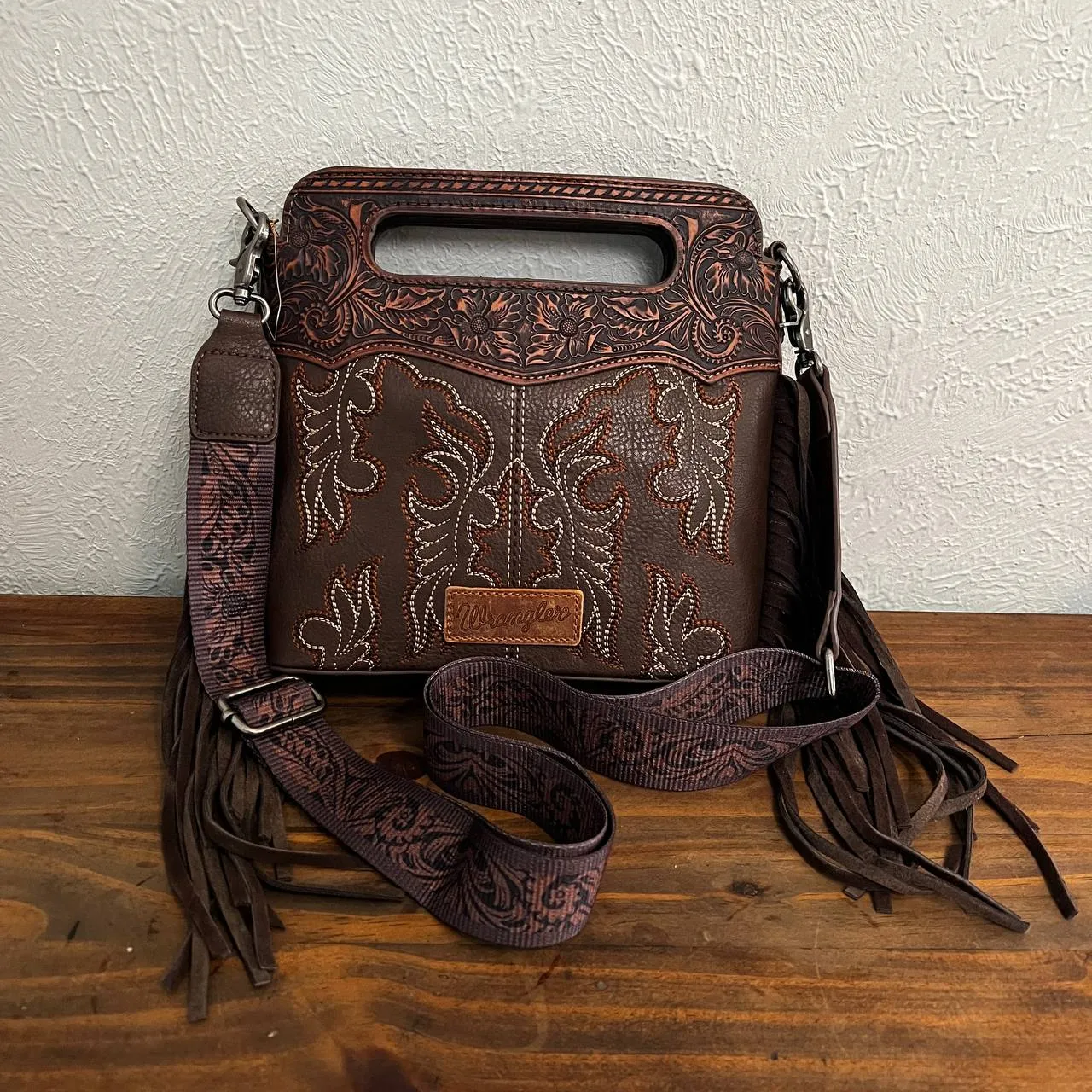 Wrangler Fringe Embossed Crossbody Handbag with Adjustable Strap