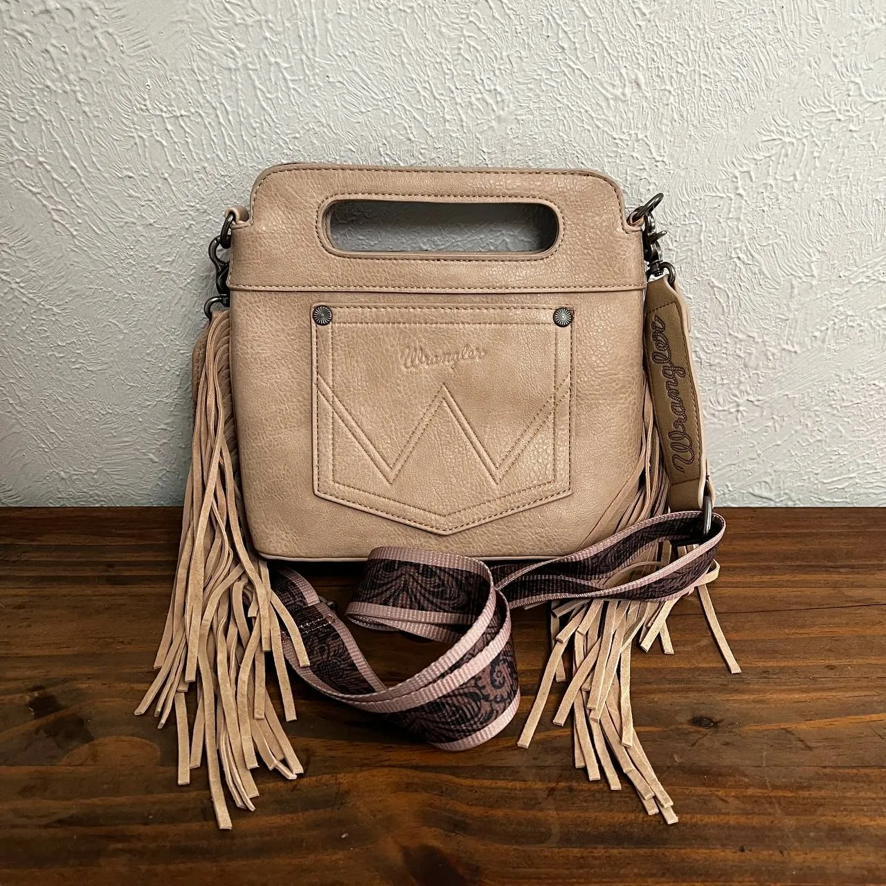 Wrangler Fringe Embossed Crossbody Handbag with Adjustable Strap