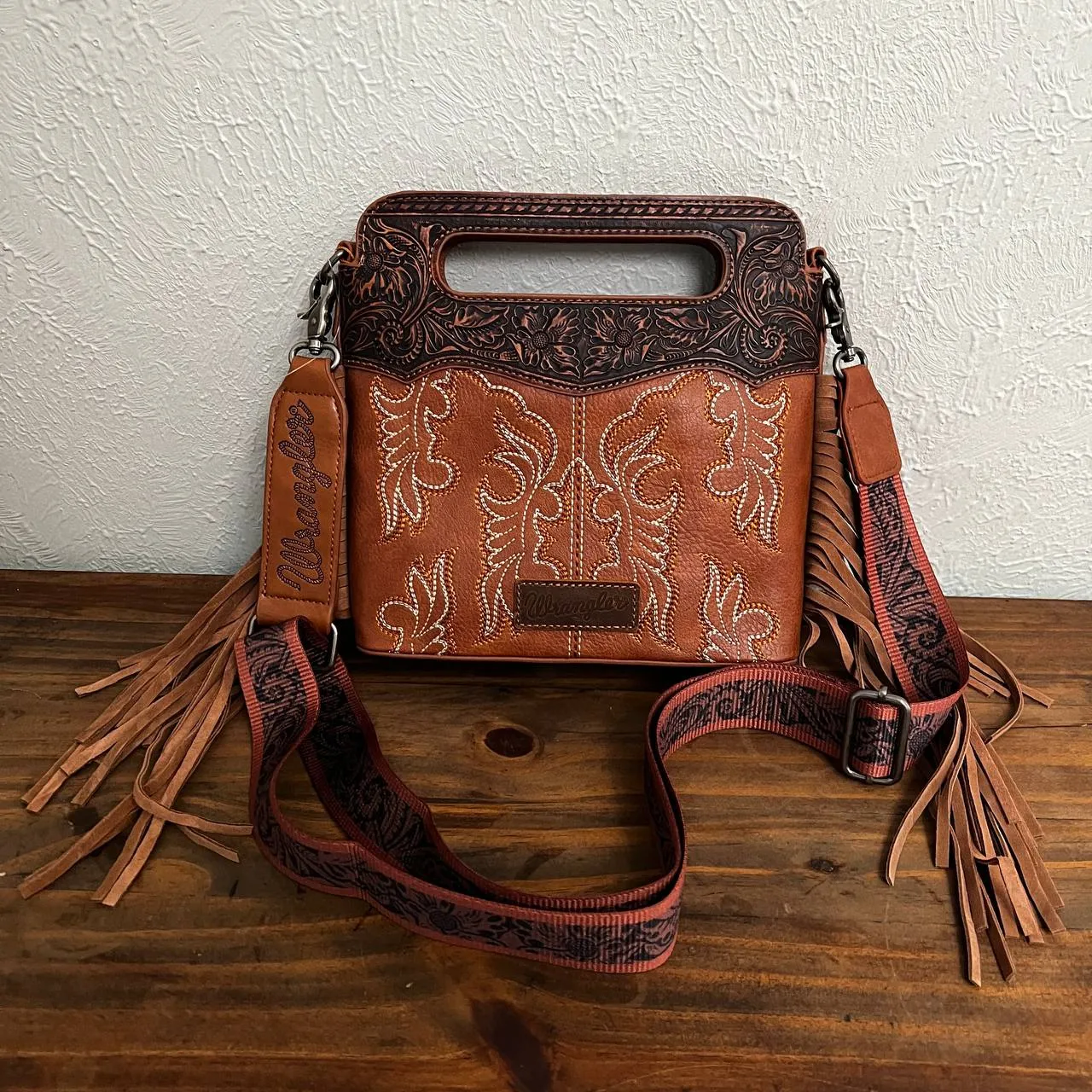 Wrangler Fringe Embossed Crossbody Handbag with Adjustable Strap