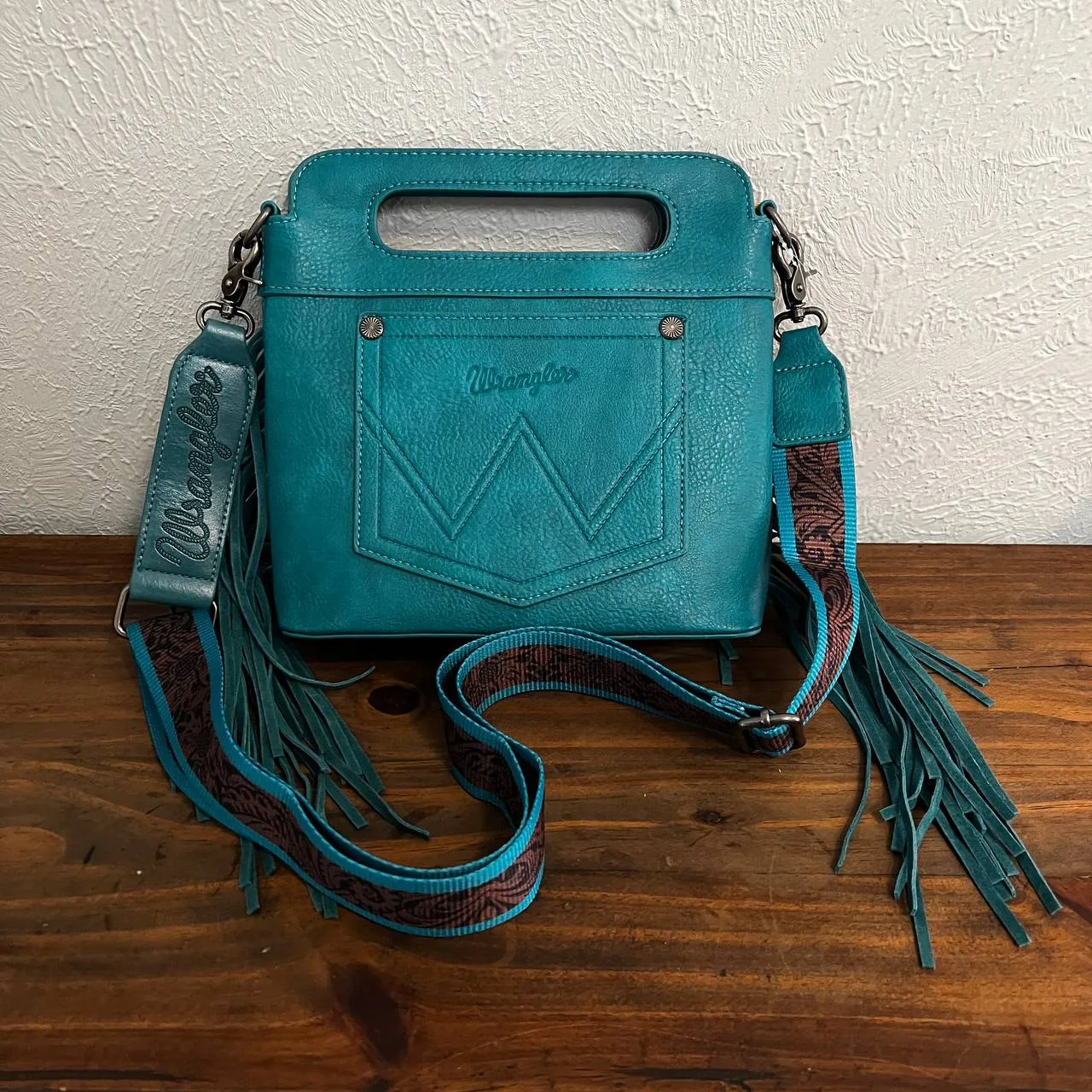 Wrangler Fringe Embossed Crossbody Handbag with Adjustable Strap