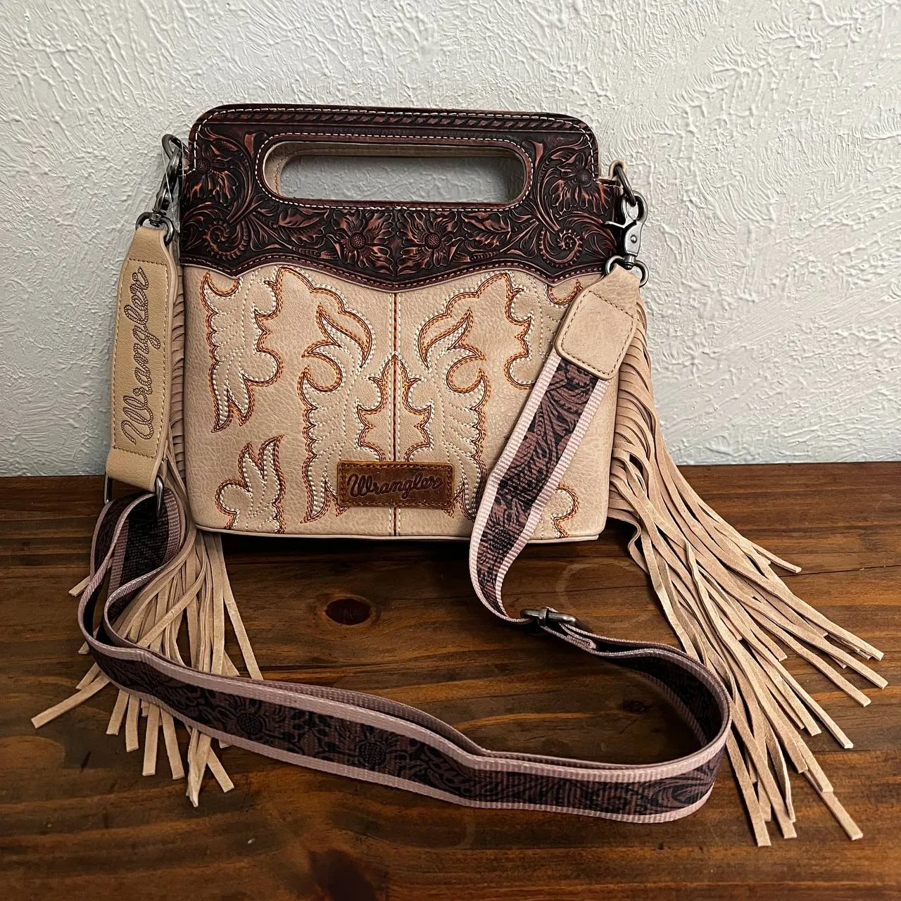 Wrangler Fringe Embossed Crossbody Handbag with Adjustable Strap