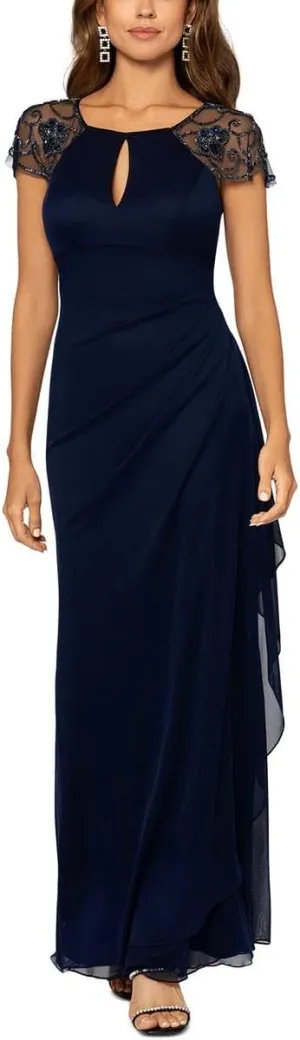 Xscape Long Sheer Matte Jersey Beaded Dress with Cap Sleeve