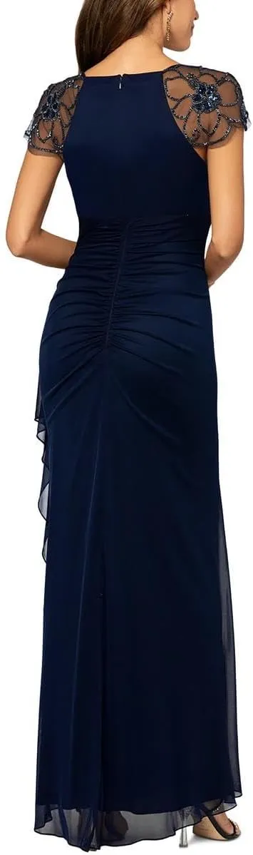 Xscape Long Sheer Matte Jersey Beaded Dress with Cap Sleeve