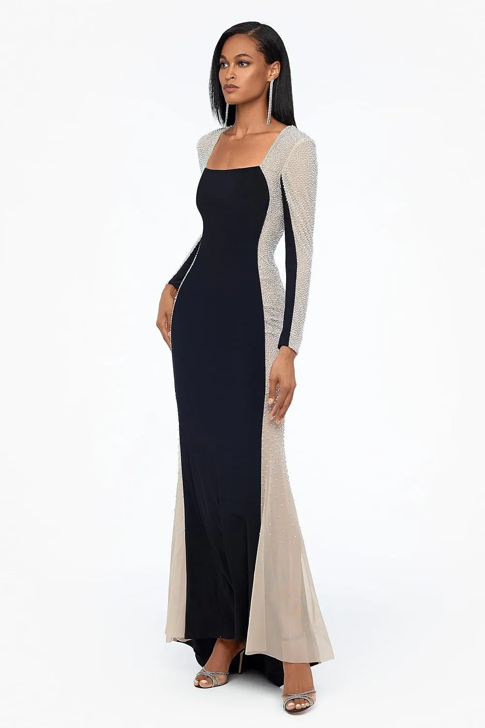 Xscape Women's Long Sleeve Square Neck Caviar Beaded Mesh Panels Dress (Standard & Petite)