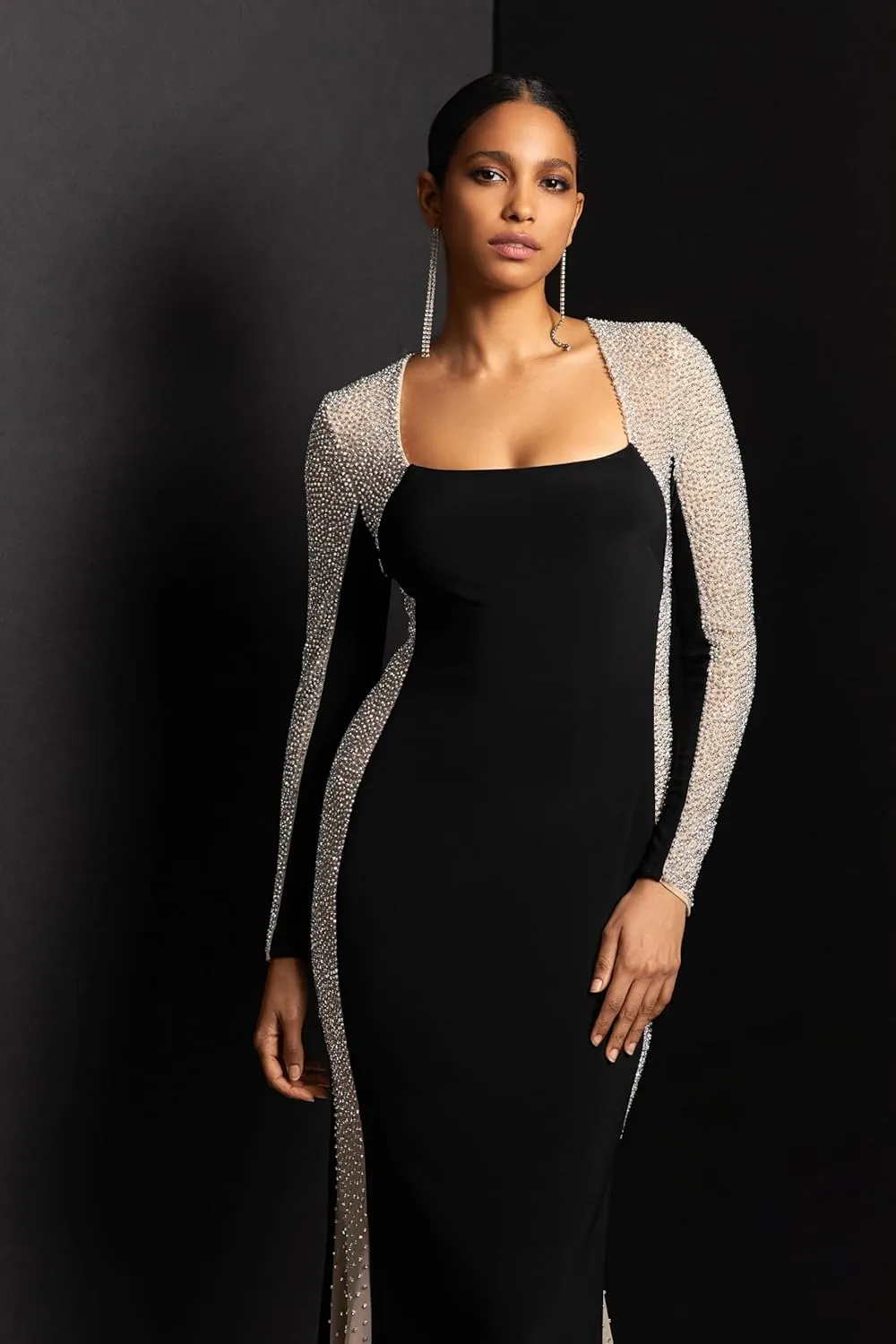Xscape Women's Long Sleeve Square Neck Caviar Beaded Mesh Panels Dress (Standard & Petite)