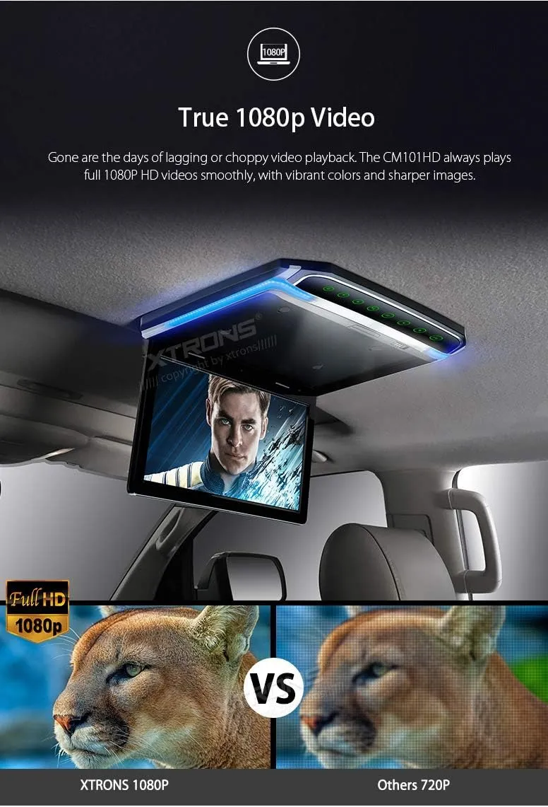 XTRONS® 10.2 Inch Digital TFT Screen 1080P Video Car Overhead Player Roof Mounted Monitor HDMI Port with New Version IR Headphones (Black & White) (No DVD Drive)