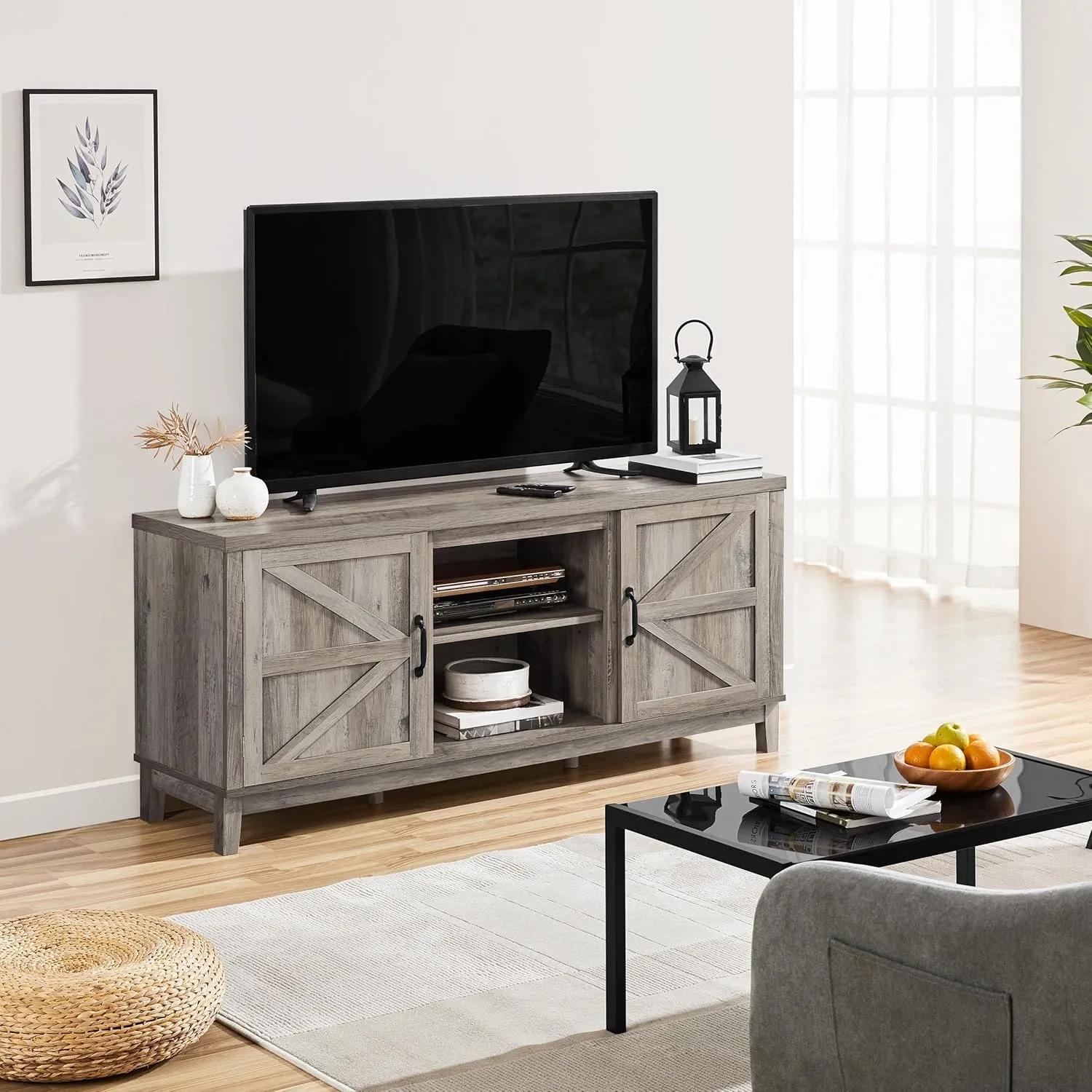 Yaheetech TV Stand for 65 Inch TV, Farmhouse TV Console Table for Living Room, Tall Entertainment Center with Double Barn Doors for Bedroom, Gray
