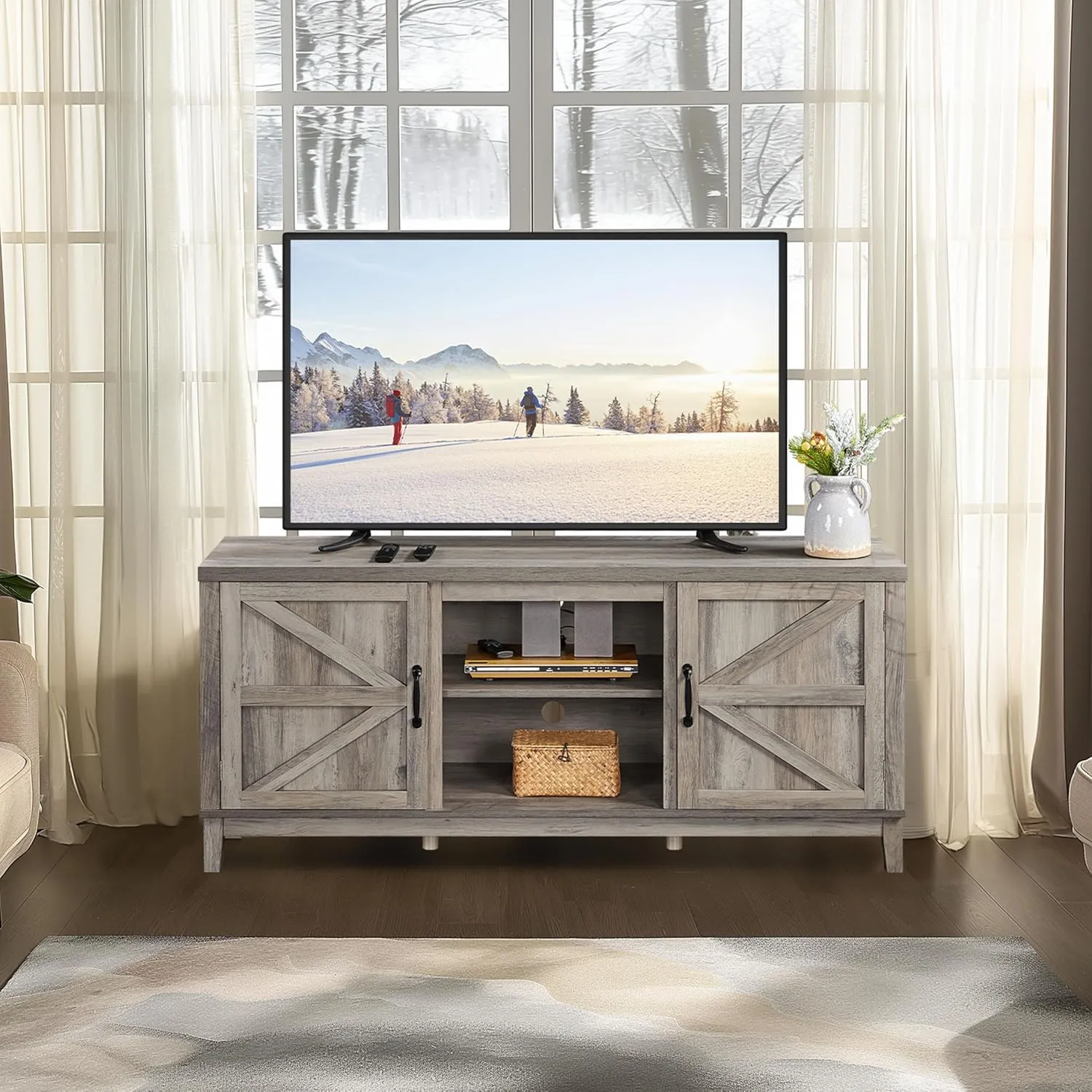 Yaheetech TV Stand for 65 Inch TV, Farmhouse TV Console Table for Living Room, Tall Entertainment Center with Double Barn Doors for Bedroom, Gray