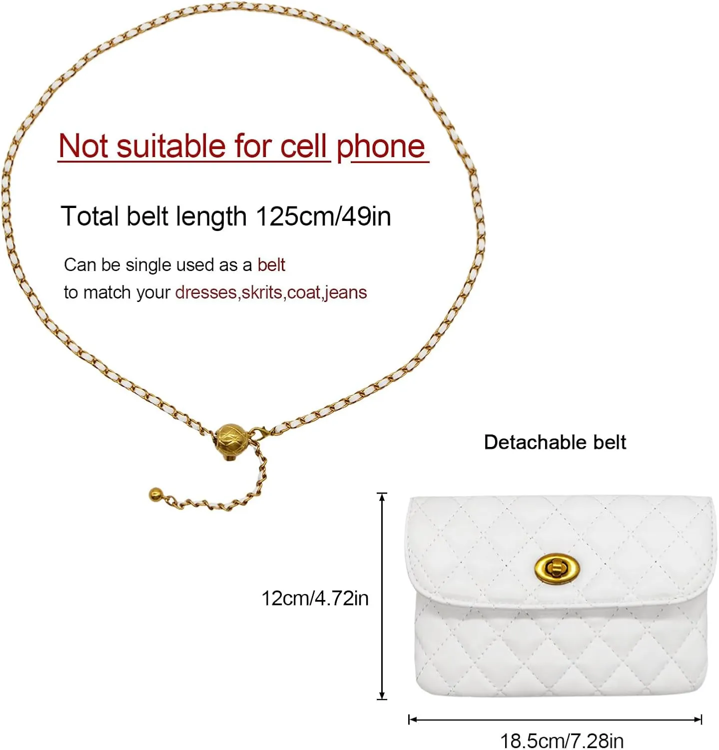 YAMEIZE PU Leather Chain Belt Bag for Women - Crossbody Waist Bag Fanny Pack Detachable Belt Chain Women Evening Mini Handbag