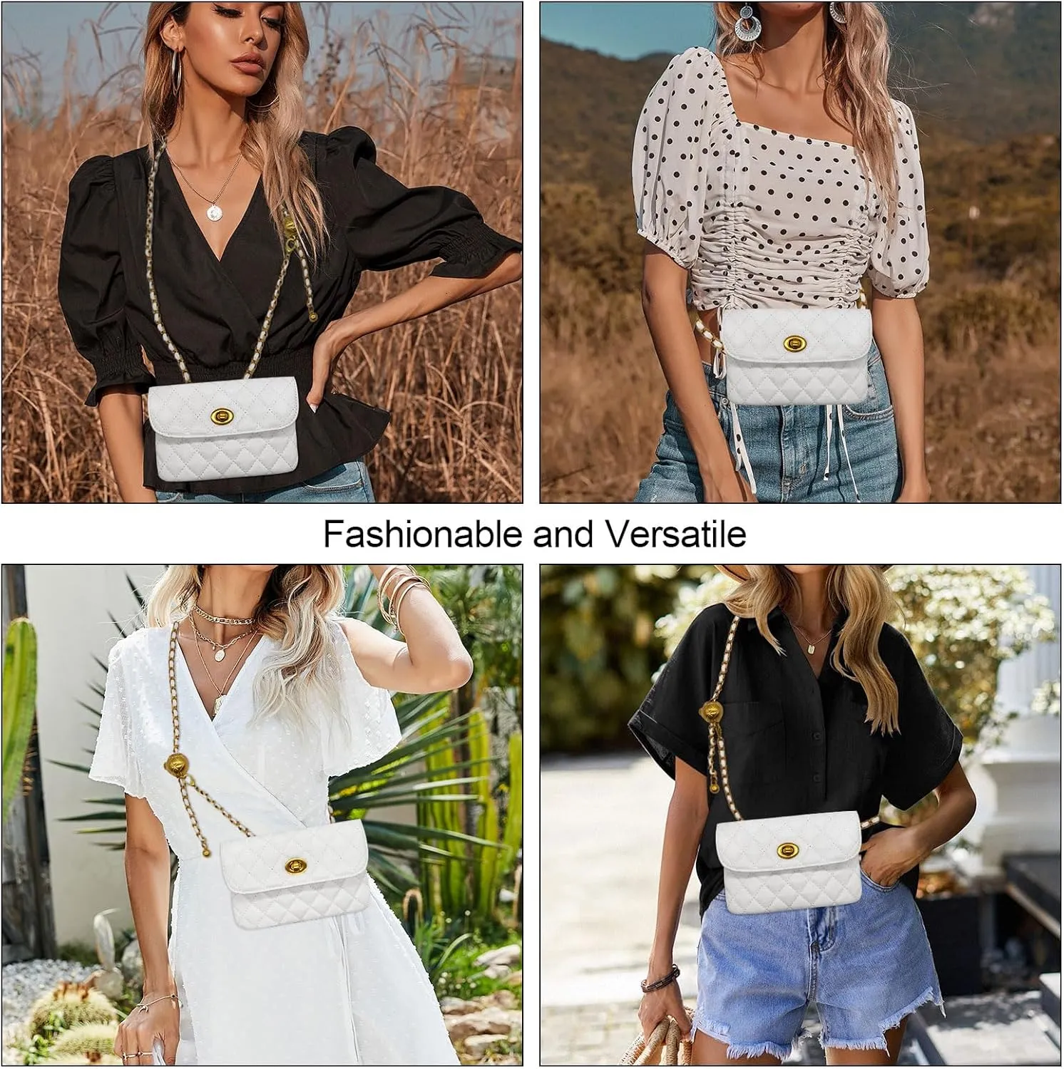YAMEIZE PU Leather Chain Belt Bag for Women - Crossbody Waist Bag Fanny Pack Detachable Belt Chain Women Evening Mini Handbag