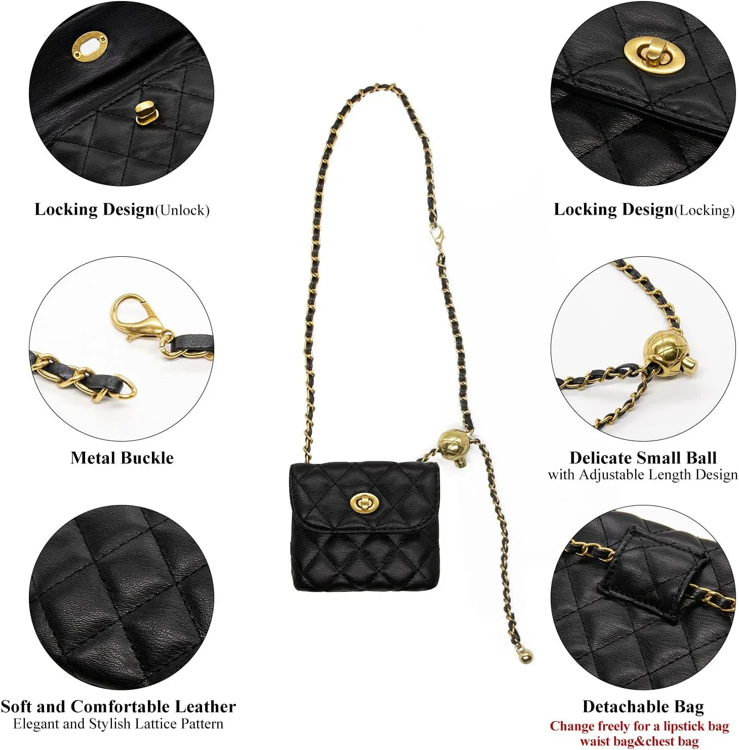 YAMEIZE PU Leather Chain Belt Bag for Women - Crossbody Waist Bag Fanny Pack Detachable Belt Chain Women Evening Mini Handbag