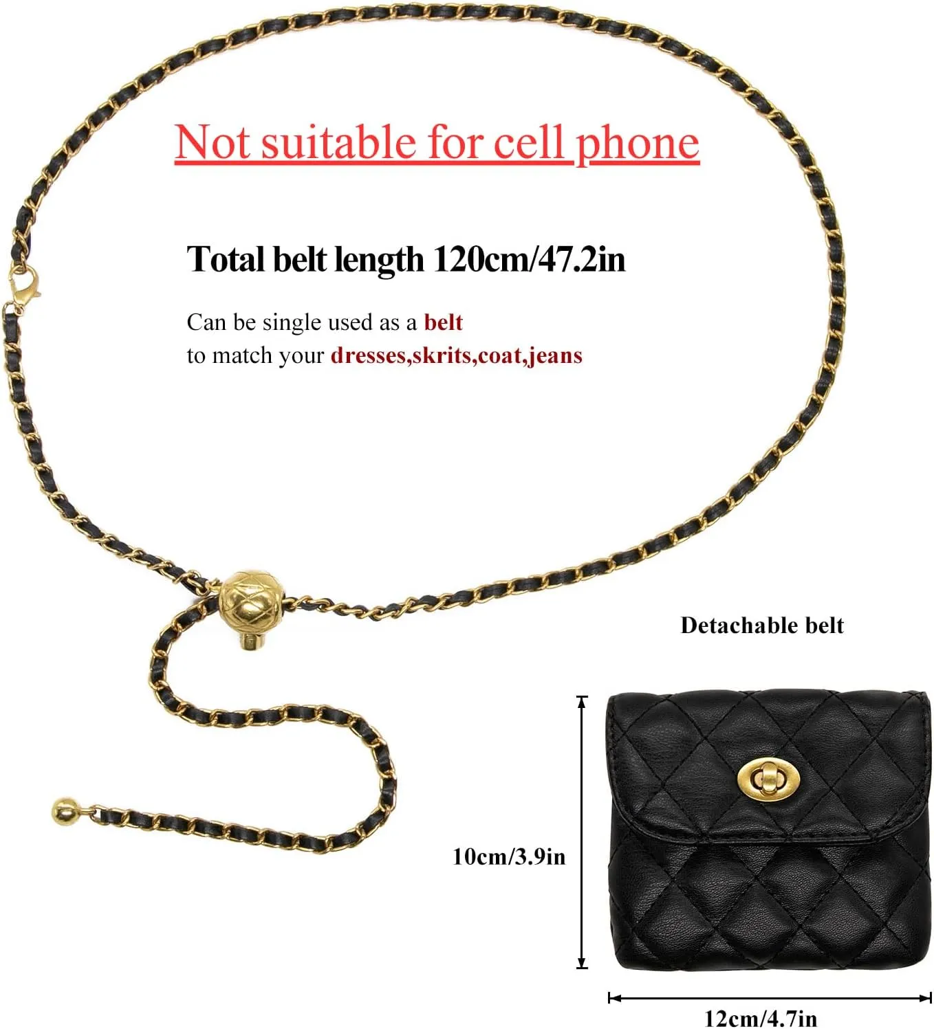 YAMEIZE PU Leather Chain Belt Bag for Women - Crossbody Waist Bag Fanny Pack Detachable Belt Chain Women Evening Mini Handbag