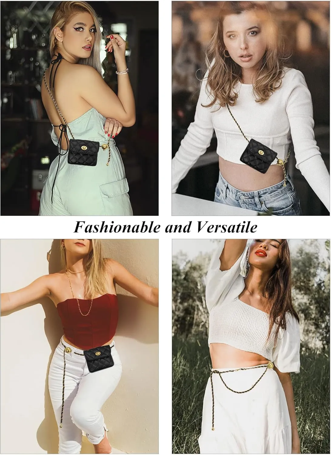 YAMEIZE PU Leather Chain Belt Bag for Women - Crossbody Waist Bag Fanny Pack Detachable Belt Chain Women Evening Mini Handbag
