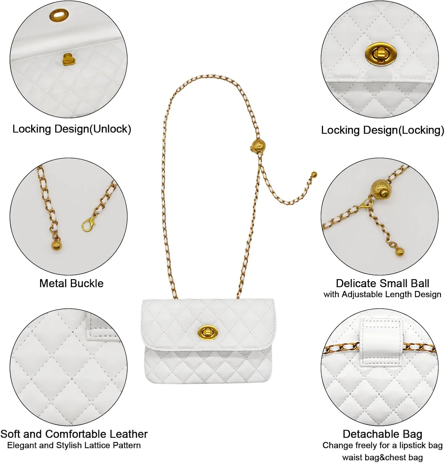 YAMEIZE PU Leather Chain Belt Bag for Women - Crossbody Waist Bag Fanny Pack Detachable Belt Chain Women Evening Mini Handbag