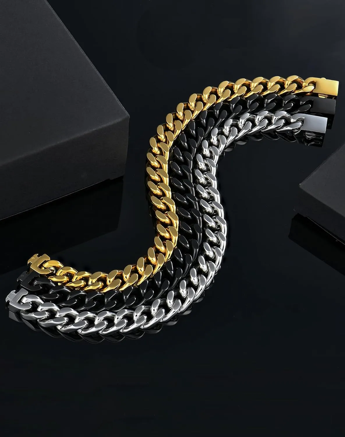 YL Miami Cuban Link Chain Bracelet Solid Stainless Steel, Real 18K Gold/Black Rhodium Filled Punk Wrist for Men Women, Upgrade Buckle Clasp