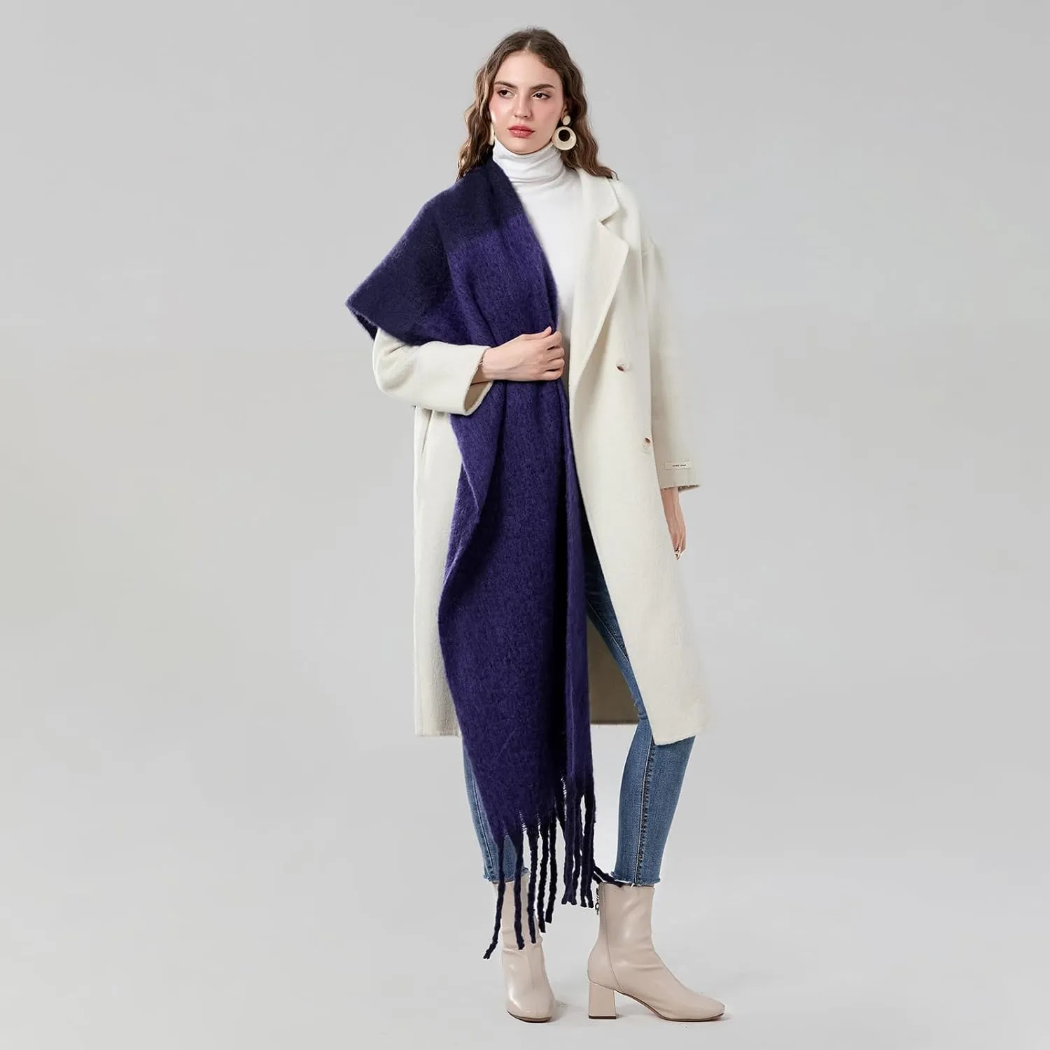 Yoawdats Women Winter Warm Scarf Elegant Contrast Color Tasseled Shawl Wrap Long Stoles Oversized Soft Scarves Fall Gifts