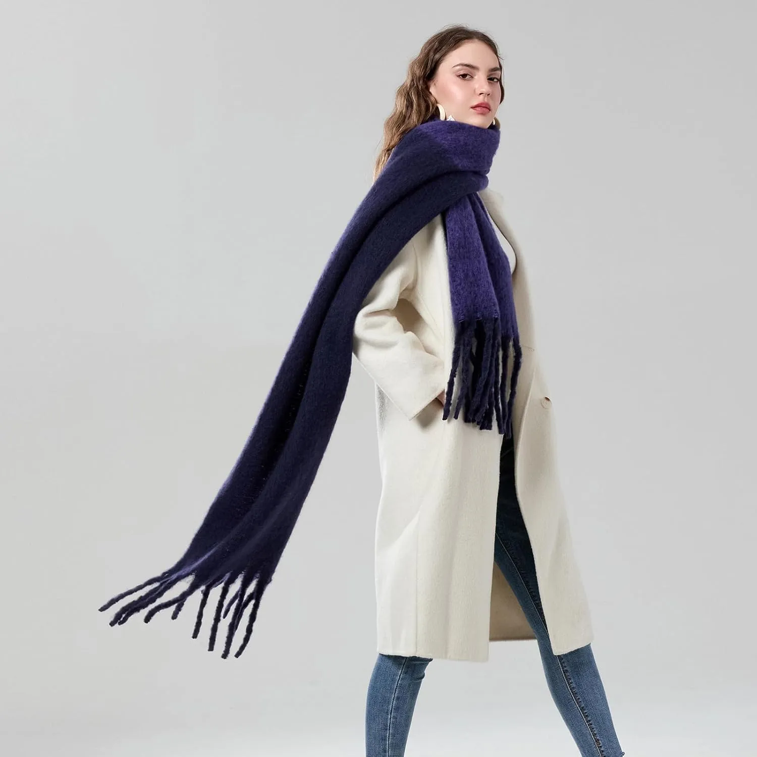 Yoawdats Women Winter Warm Scarf Elegant Contrast Color Tasseled Shawl Wrap Long Stoles Oversized Soft Scarves Fall Gifts