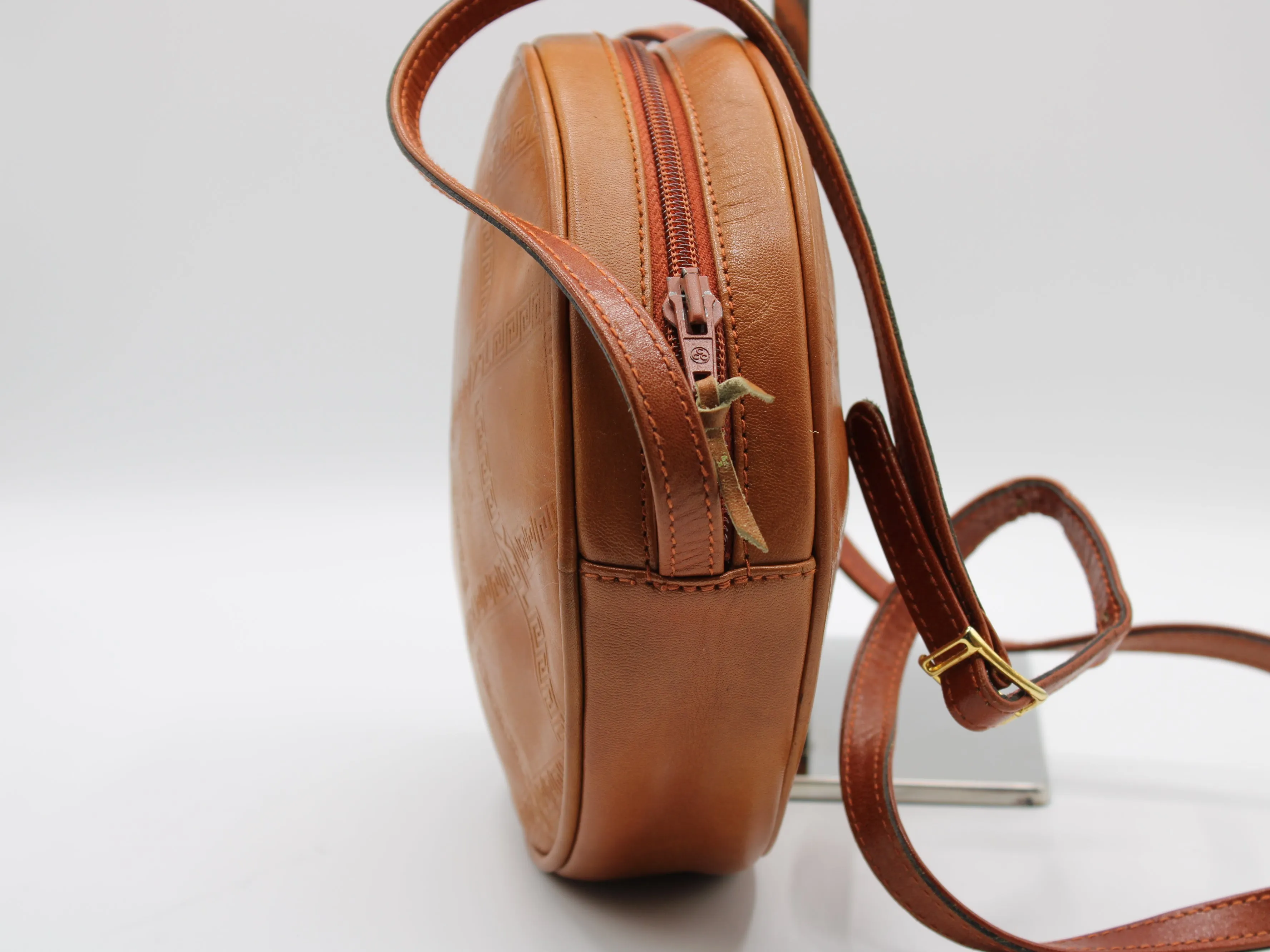 Yves Saint Laurent Bag Brown Leather Crossbody Embossed Round Vintage