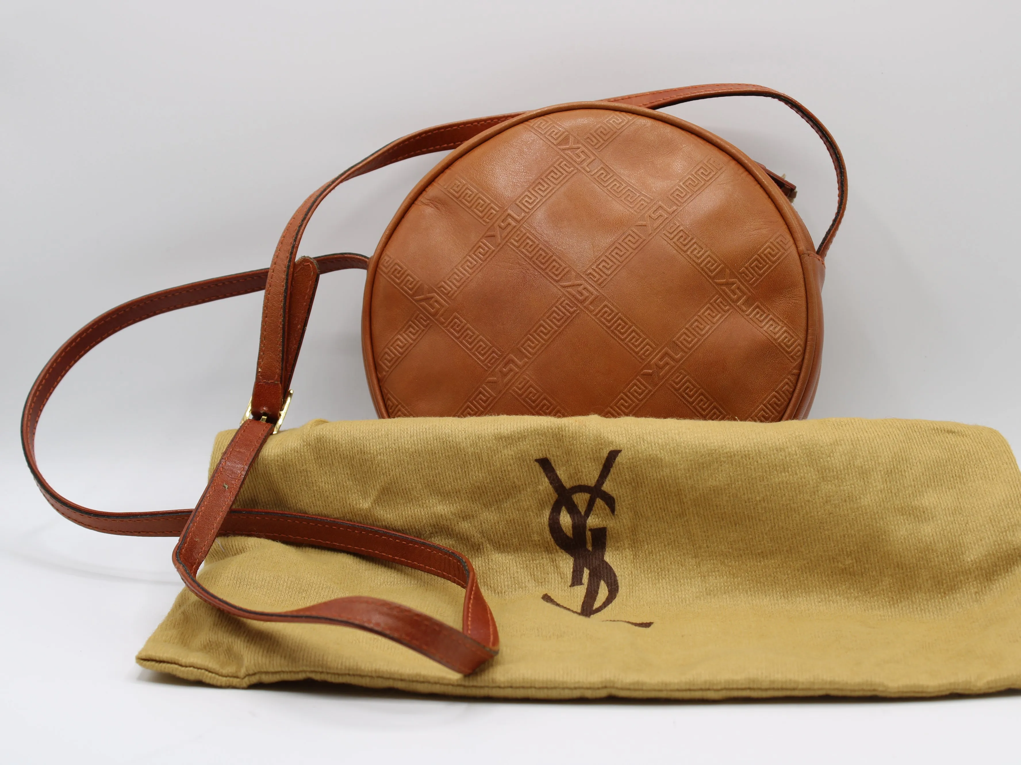 Yves Saint Laurent Bag Brown Leather Crossbody Embossed Round Vintage