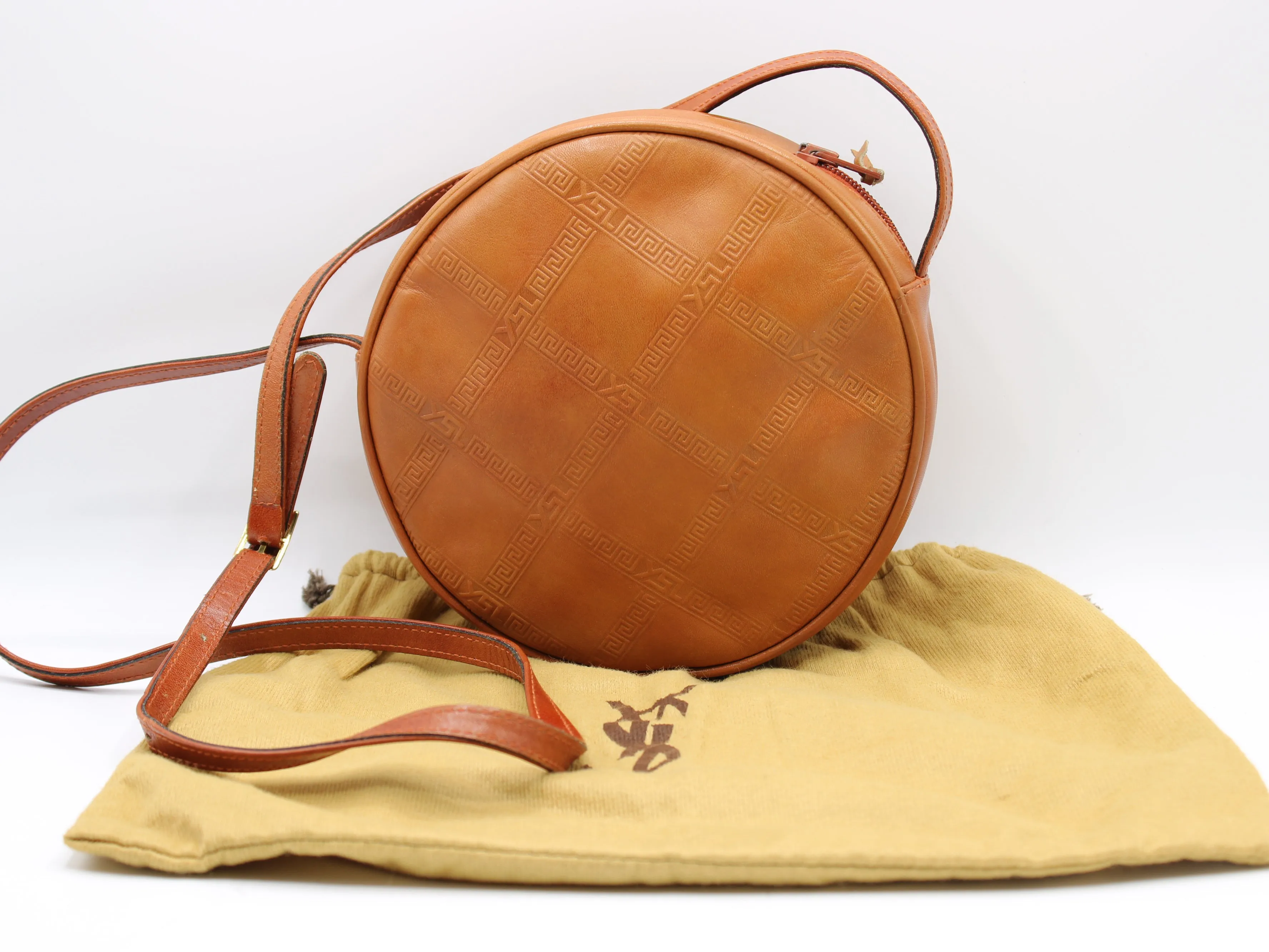 Yves Saint Laurent Bag Brown Leather Crossbody Embossed Round Vintage