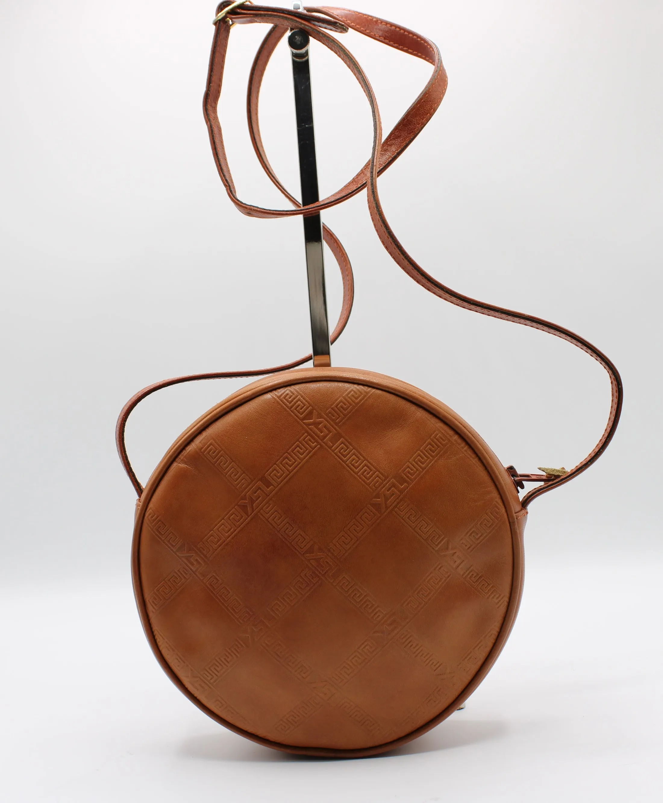 Yves Saint Laurent Bag Brown Leather Crossbody Embossed Round Vintage