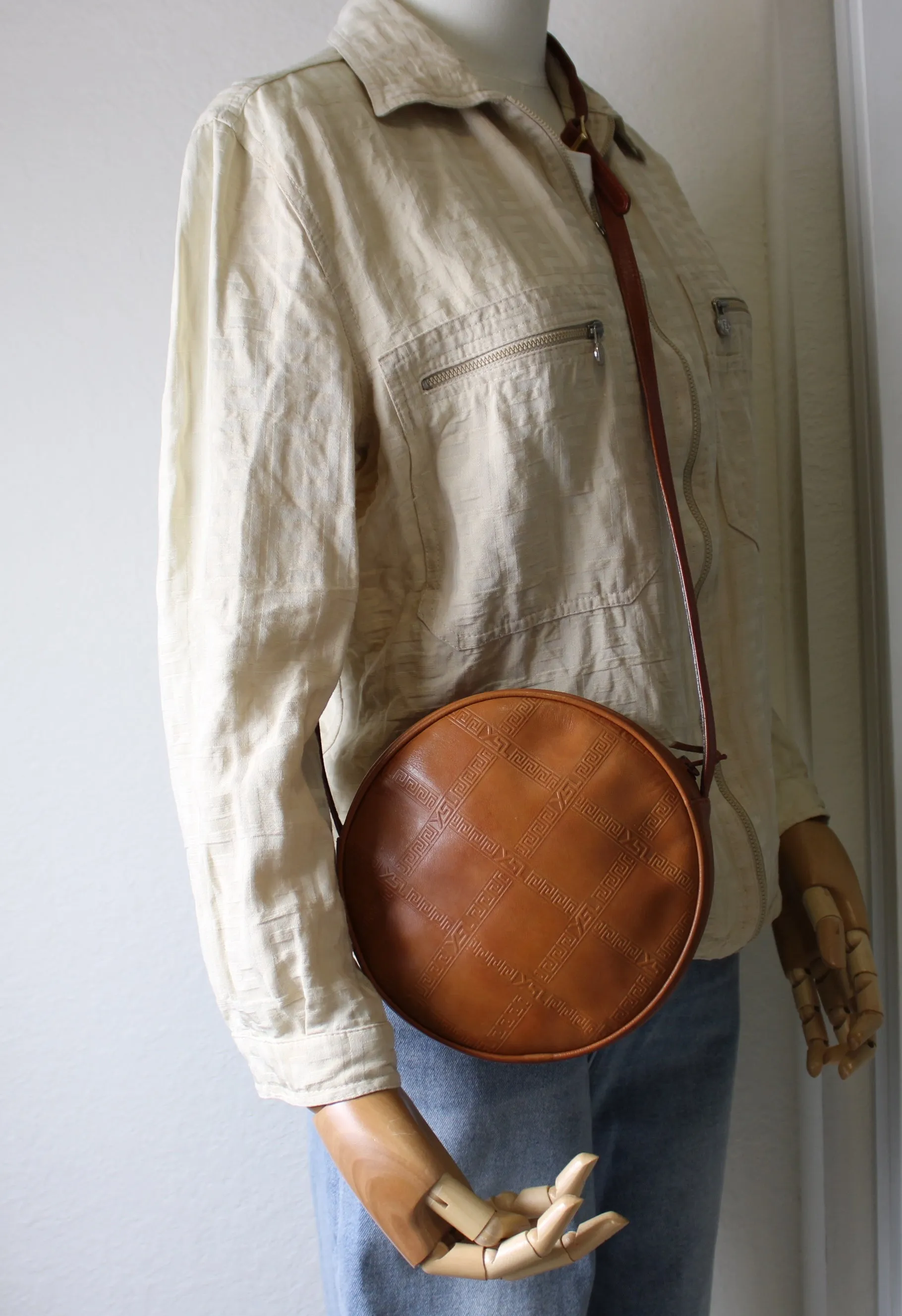 Yves Saint Laurent Bag Brown Leather Crossbody Embossed Round Vintage