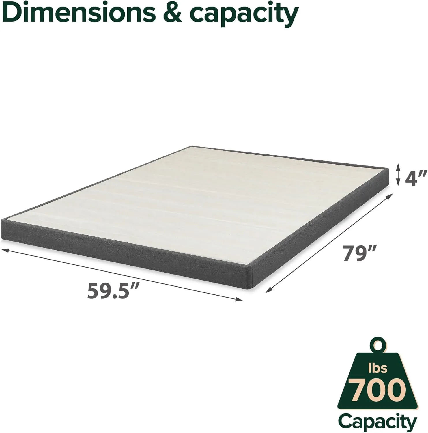 ZINUS Upholstered Metal and Wood Box Spring, 4 Inch Mattress Foundation, Easy Assembly, Fabric Paneled Design, Queen, Grey