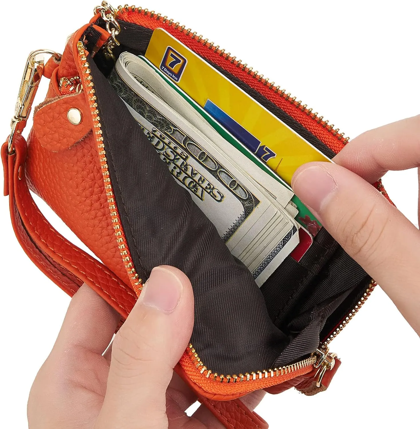 ZOOEASS Women Leather Coin Purse,Large Opening For Easy Access,With Wrist Strap(Orange)