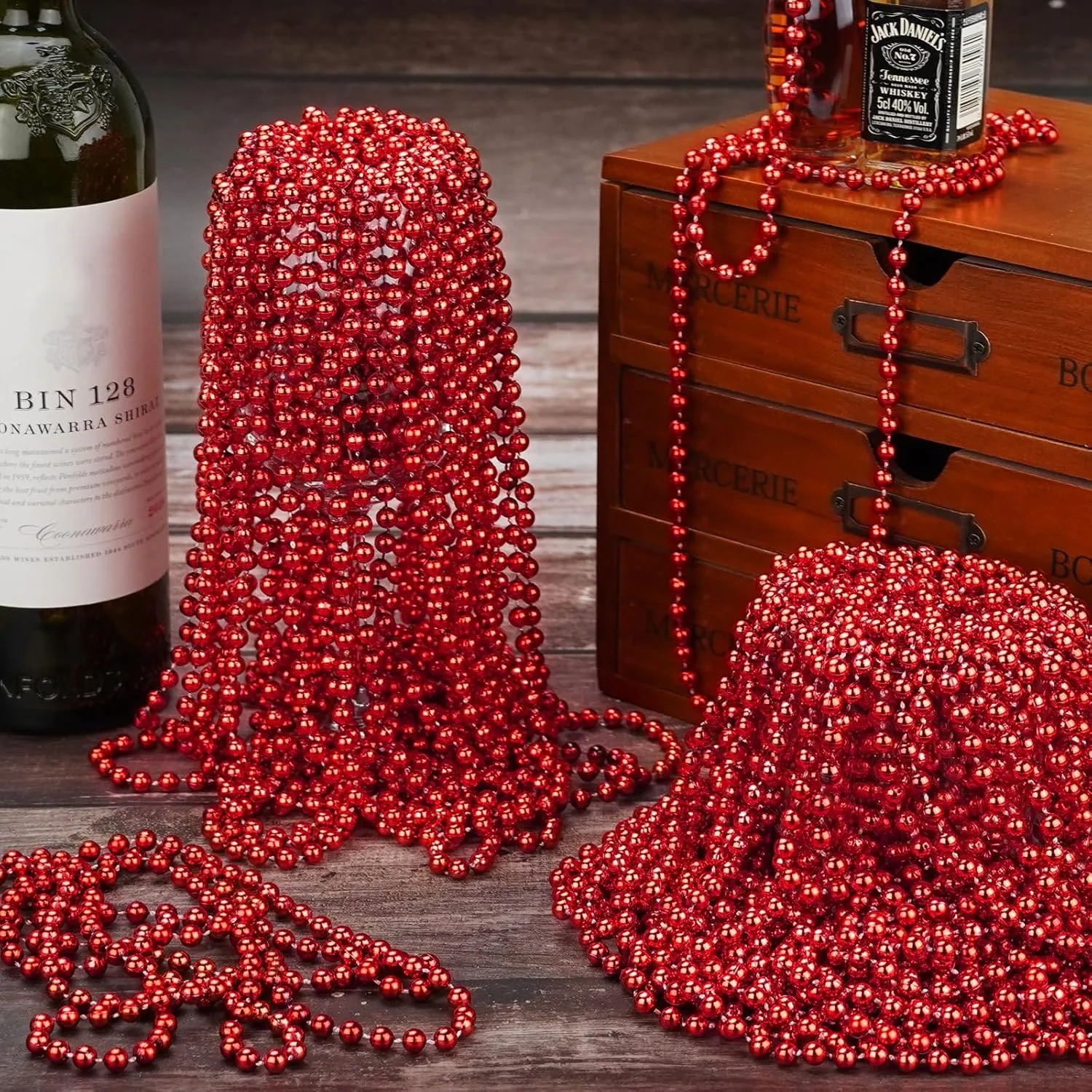 ZYFLSQ 100 Pcs Red Mardi Gras Beads, 33" 7mm Metallic Red Beads Necklaces Bulk, Valentine Beaded Necklaces, Party Beads for Carnival Valentines Patriotic Day Christmas Party Favors Decorations