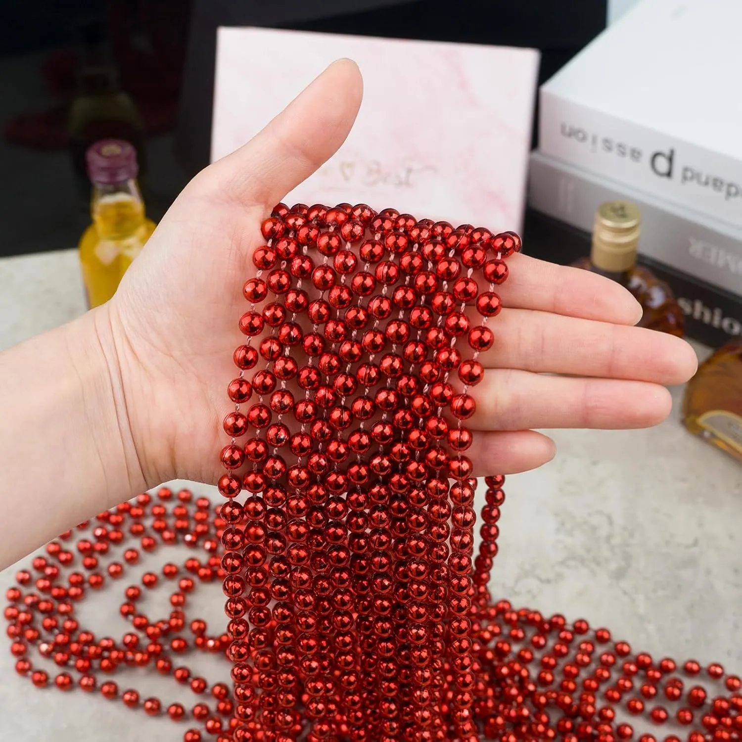 ZYFLSQ 100 Pcs Red Mardi Gras Beads, 33" 7mm Metallic Red Beads Necklaces Bulk, Valentine Beaded Necklaces, Party Beads for Carnival Valentines Patriotic Day Christmas Party Favors Decorations