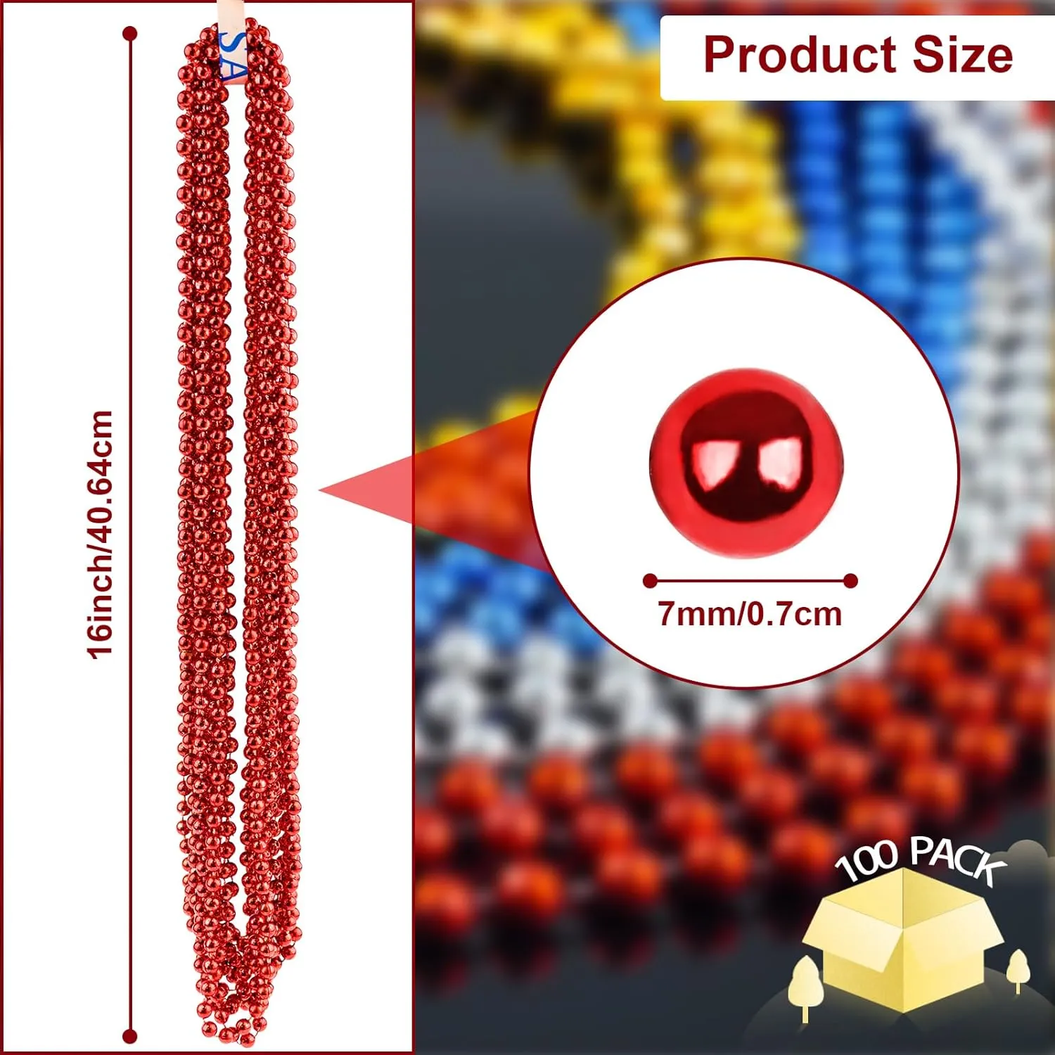ZYFLSQ 100 Pcs Red Mardi Gras Beads, 33" 7mm Metallic Red Beads Necklaces Bulk, Valentine Beaded Necklaces, Party Beads for Carnival Valentines Patriotic Day Christmas Party Favors Decorations